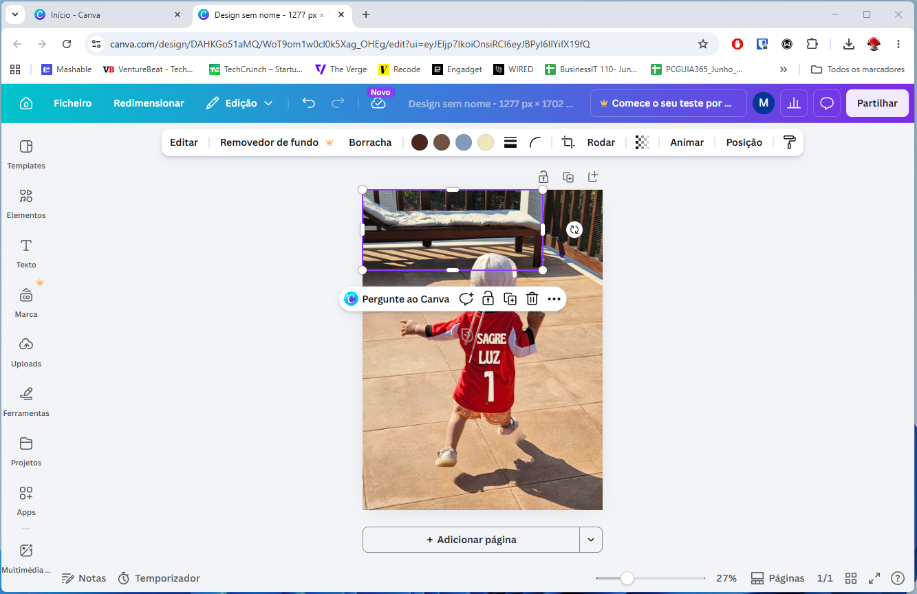 Child in a red sports jersey with number 1 runs on a sunlit tiled patio, with a lounge chair on a deck behind him/her.