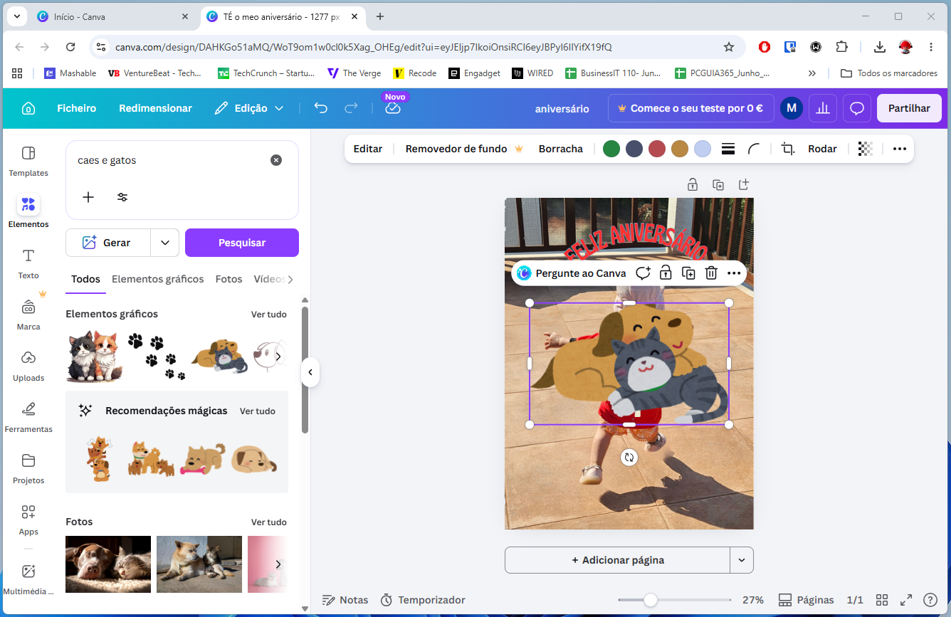 Screenshot of Canva design editor showing a birthday card draft; central image features a child with a cartoon cat and dog overlay and 'FELIZ ANIVERSÁRIO' text at the top.