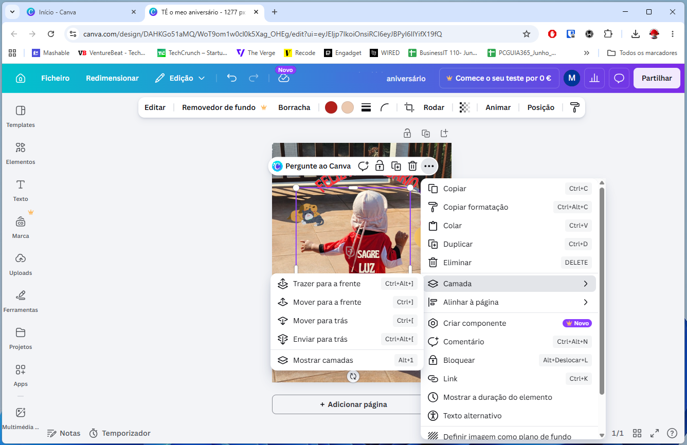Screenshot of Canva design editor: photo on the canvas with a white context menu open, surrounded by toolbar and left sidebar