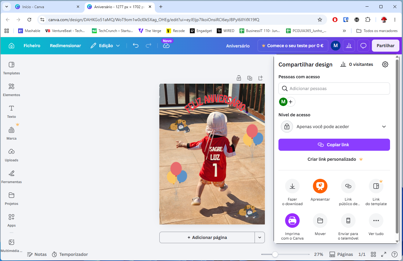 Canva birthday design shows a child in a red jersey with 'SAGRE LUZ' on the back, standing on a patio under a curved 'FELIZ ANIVERSÁRIO' banner with colorful balloons nearby.