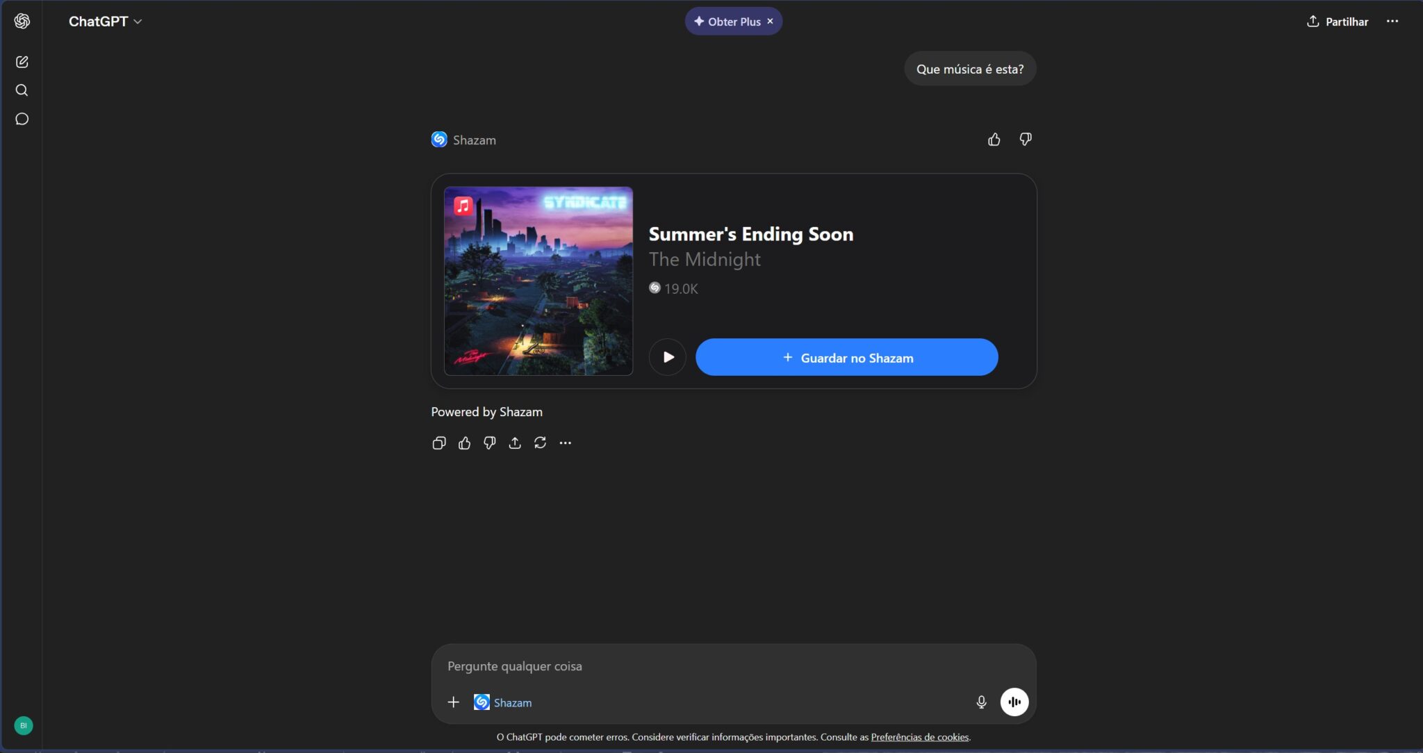 Shazam card in ChatGPT's dark interface showing the song 'Summer's Ending Soon' by The Midnight, with cover art and a 'Guardar no Shazam' button.