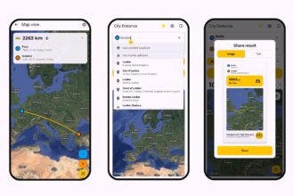 Three iPhone screens show a Europe map route from Paris to Istanbul? No—Paris to London; a search results panel with London options; and a share-result dialog in the City Distance app.