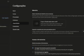 Página de Configurações do Claude em tema escuro, seção Memória com opção de gerar memória de conversas ativada e botão Iniciar importação visível.