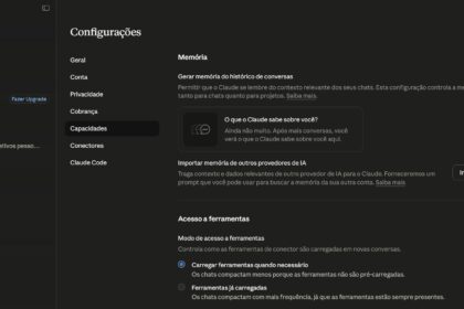 Página de Configurações do Claude em tema escuro, seção Memória com opção de gerar memória de conversas ativada e botão Iniciar importação visível.