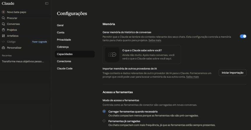 Página de Configurações do Claude em tema escuro, seção Memória com opção de gerar memória de conversas ativada e botão Iniciar importação visível.