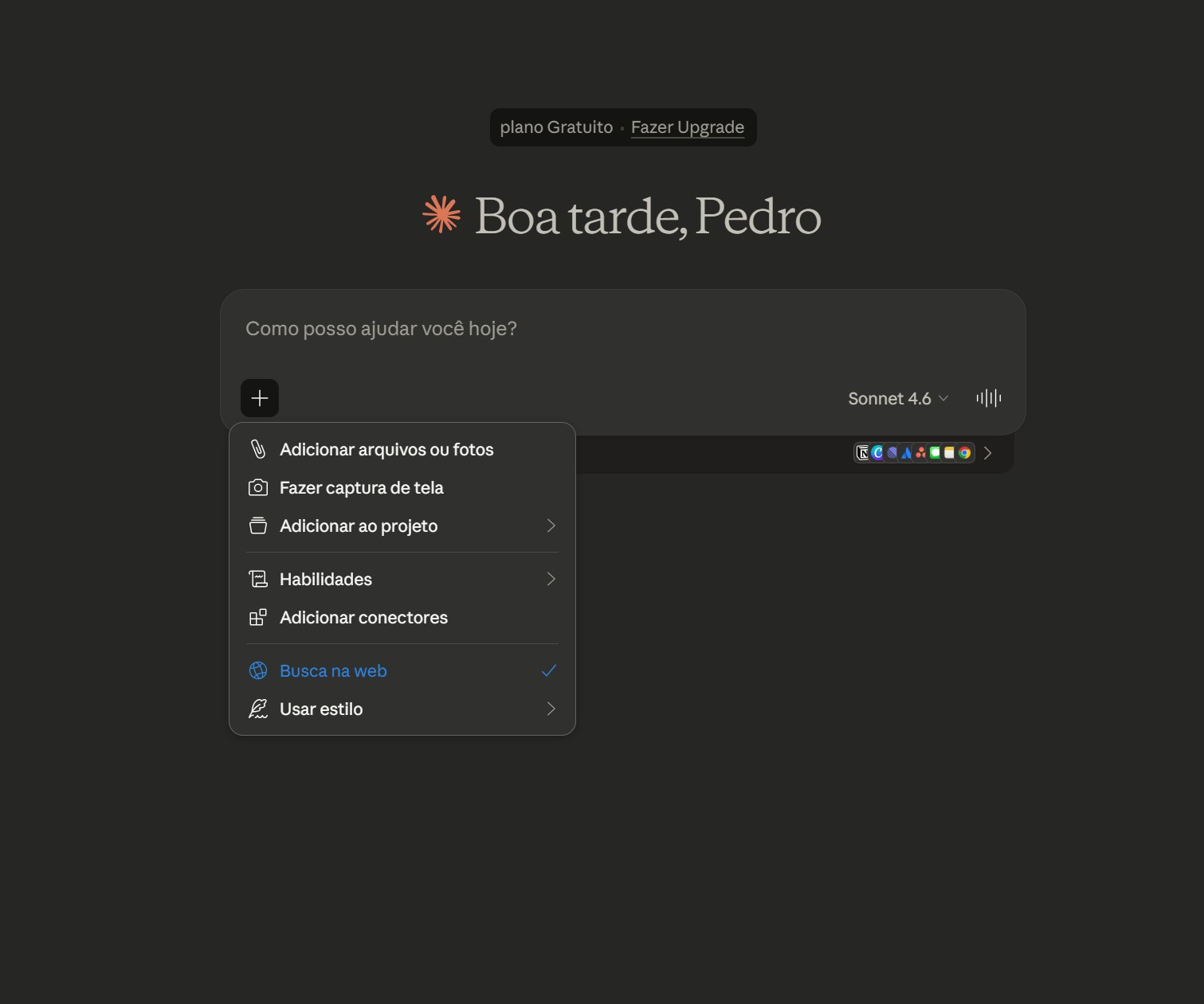 Tela de boas-vindas: 'Boa tarde, Pedro' com menu de ações aberto listando: Adicionar arquivos ou fotos; Fazer captura de tela; Adicionar ao projeto; Habilidades; Adicionar conectores; Busca na web (ativo); Usar estilo.