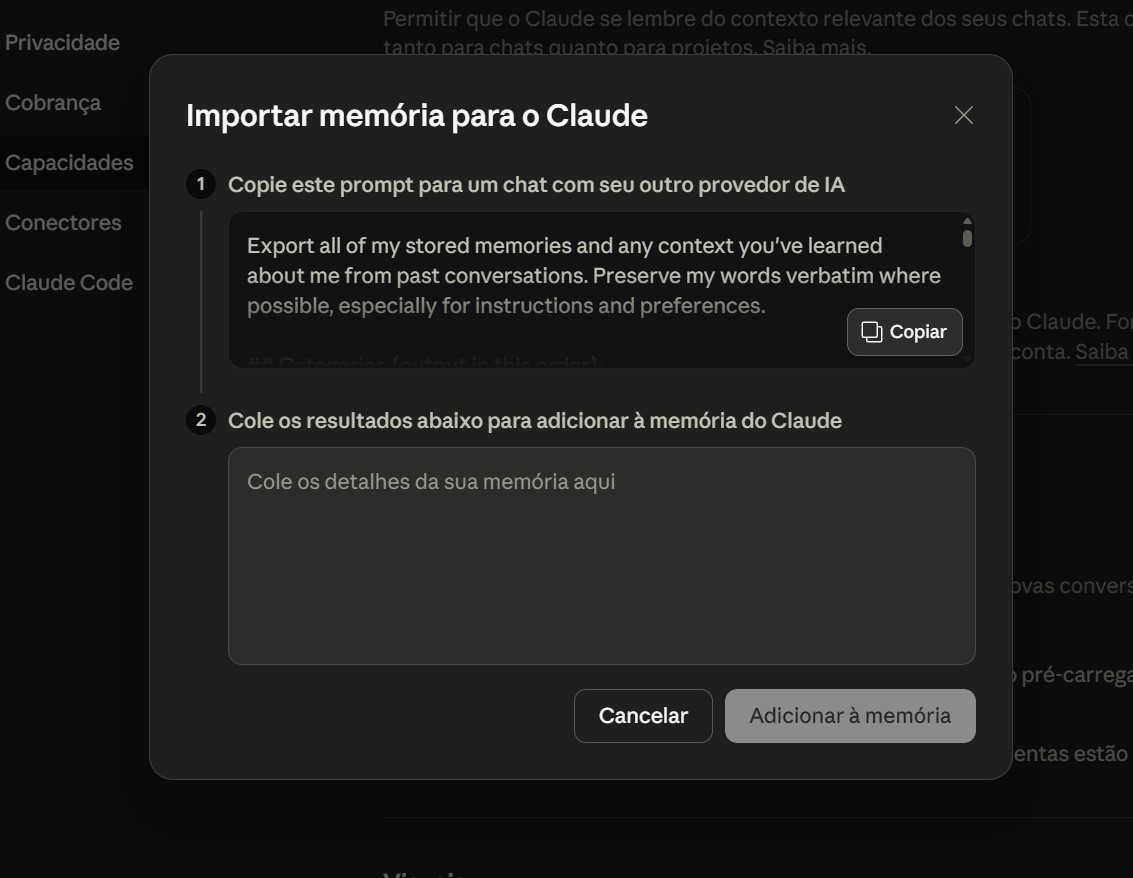 Modal 'Importar memória para o Claude' com instruções em 2 passos: copiar o prompt e coletar resultados para a memória, incluindo botões Copiar, Cancelar e Adicionar à memória no rodapé.