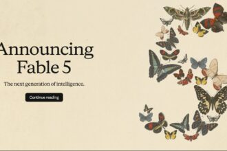 Announcement banner for Fable 5: 'The next generation of intelligence' with a butterfly collage on the right and a 'Continue reading' button.