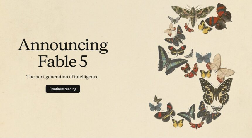Announcement banner for Fable 5: 'The next generation of intelligence' with a butterfly collage on the right and a 'Continue reading' button.