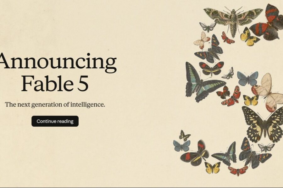 Announcement banner for Fable 5: 'The next generation of intelligence' with a butterfly collage on the right and a 'Continue reading' button.