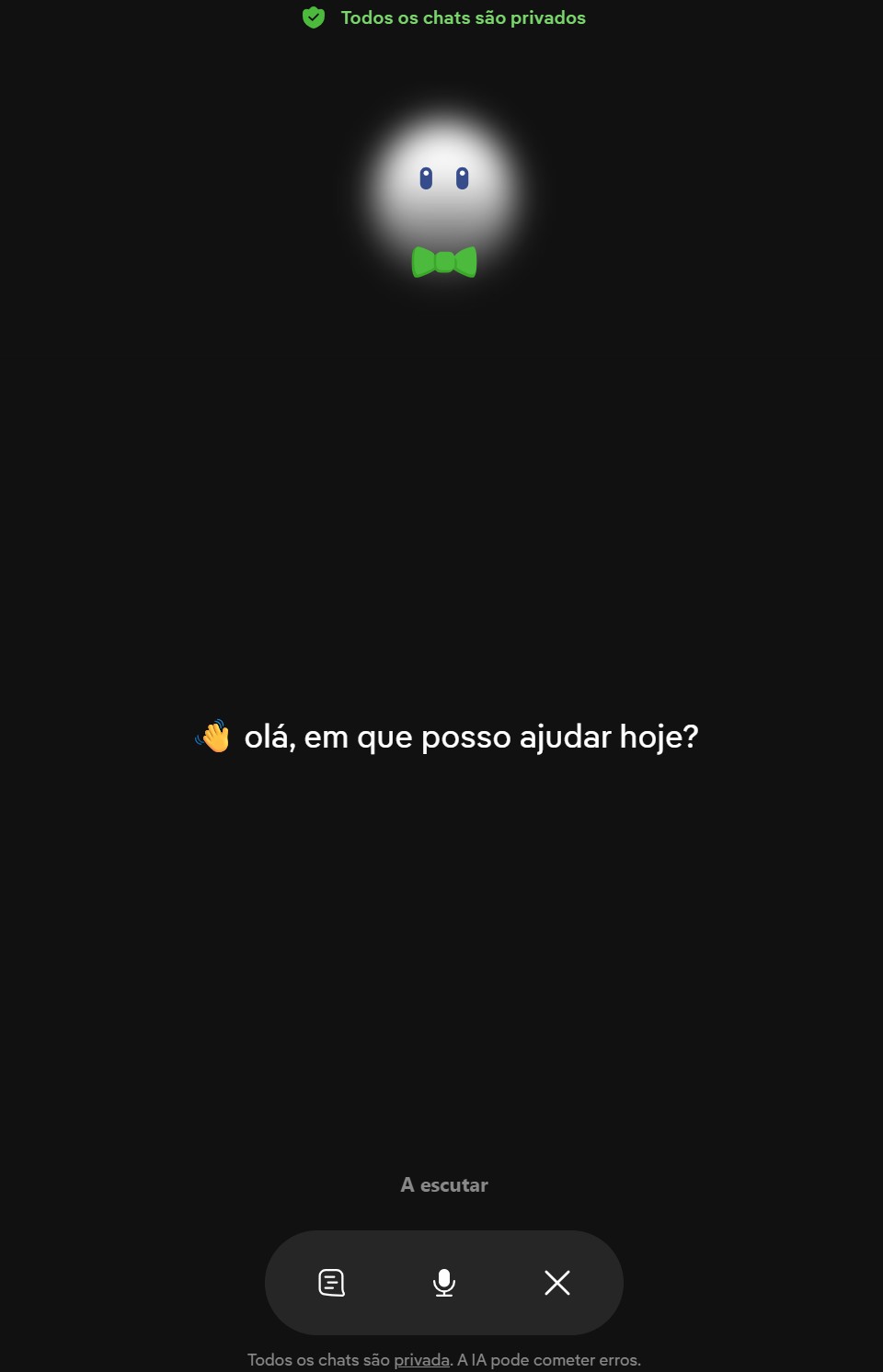 Chat support screen with a glowing ghost avatar wearing a green bow tie, greeting in Portuguese: 'Olá, em que posso ajudar hoje?'