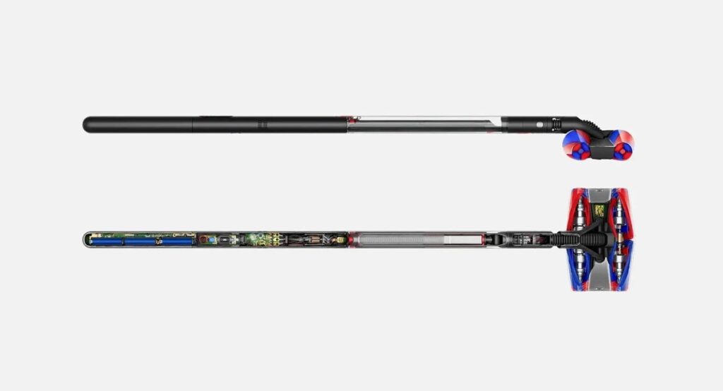 Two long wand-like devices: top shows a solid black rod with a tri-colored roller at the end; bottom shows a cutaway with internal electronics and a wheeled pod on the right.