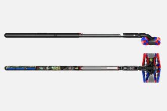 Two long wand-like devices: top shows a solid black rod with a tri-colored roller at the end; bottom shows a cutaway with internal electronics and a wheeled pod on the right.