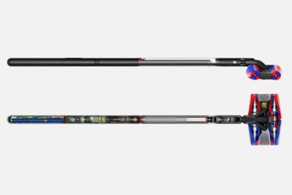 Two long wand-like devices: top shows a solid black rod with a tri-colored roller at the end; bottom shows a cutaway with internal electronics and a wheeled pod on the right.