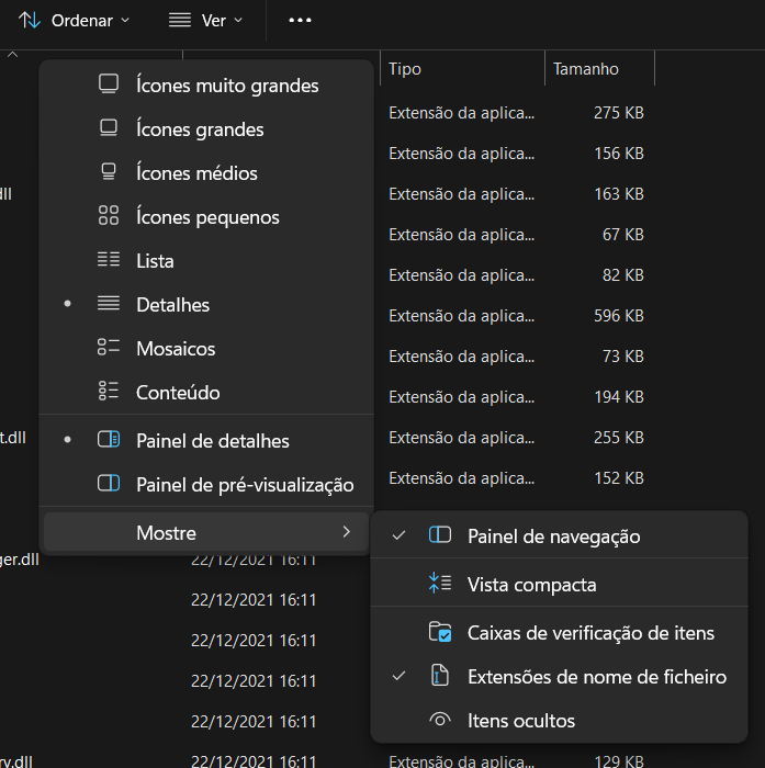 Contexto do Explorador de Arquivos com opções de visualização: ícones grandes/pequenos, lista, detalhes, e submenu 'Mostre' com Painel de navegação e vista compacta.