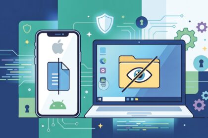 Illustration of a smartphone and a laptop signaling digital security and privacy, with a file icon on the phone and an eye on a folder on the laptop screen.