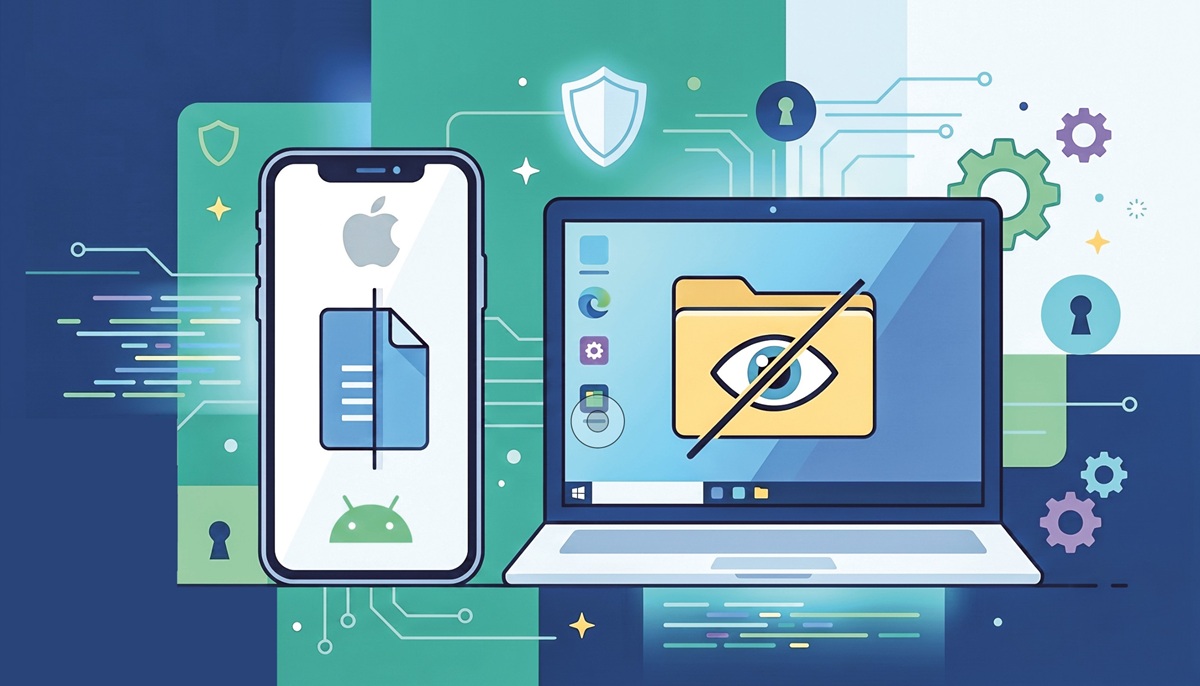 Illustration of a smartphone and a laptop signaling digital security and privacy, with a file icon on the phone and an eye on a folder on the laptop screen.