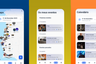 Three app screens: Map ('Mapa'), 'Os meus eventos' list, and 'Calendário' with '31 de dezembro 2025' visible.