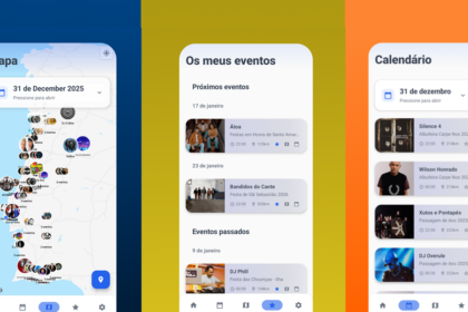 Three app screens: Map ('Mapa'), 'Os meus eventos' list, and 'Calendário' with '31 de dezembro 2025' visible.