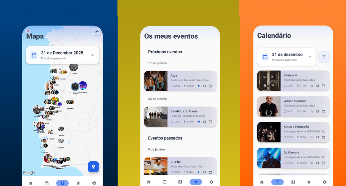 Three app screens: Map ('Mapa'), 'Os meus eventos' list, and 'Calendário' with '31 de dezembro 2025' visible.