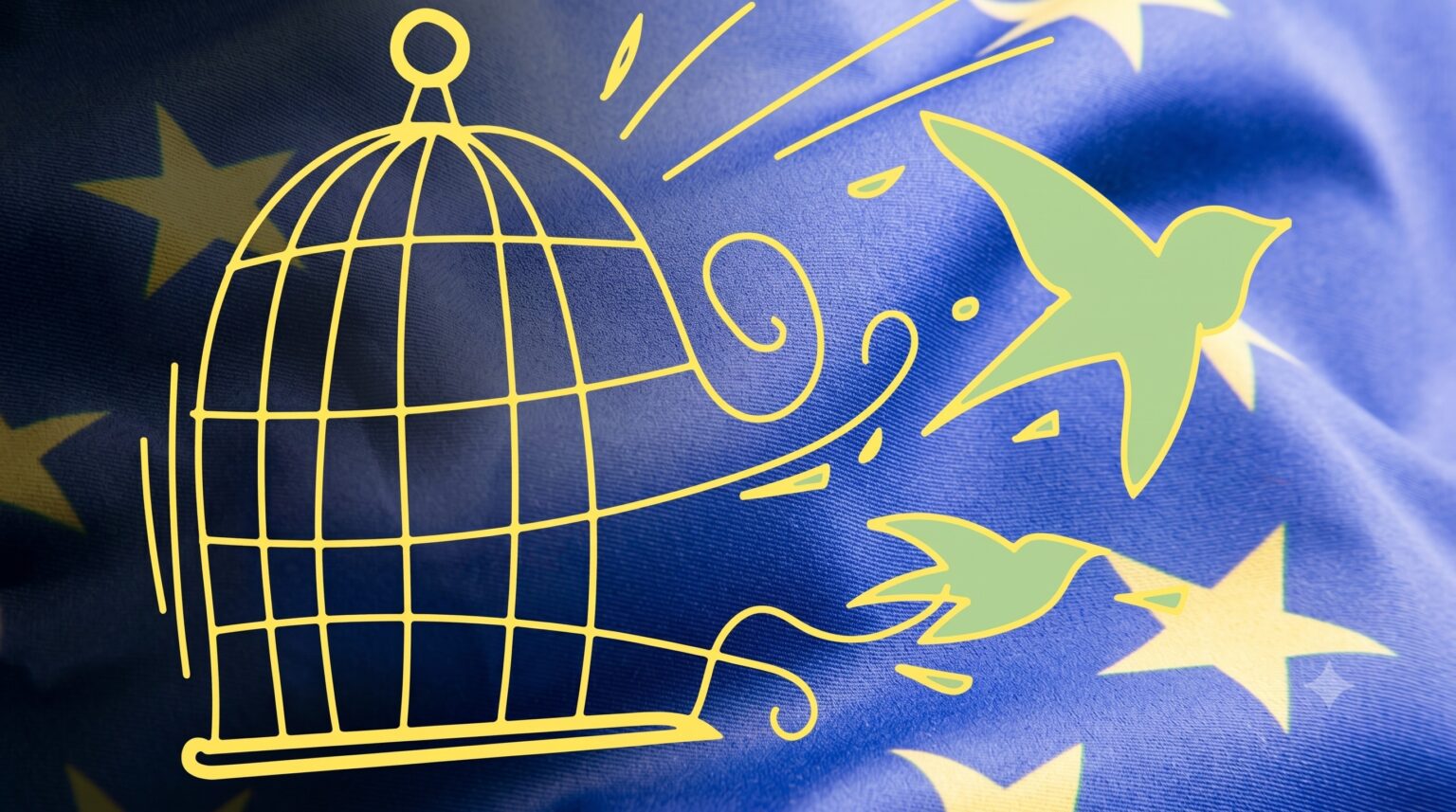 Yellow line drawing of an open birdcage with a bird escaping to the right on a blue background with yellow stars, symbolizing freedom.