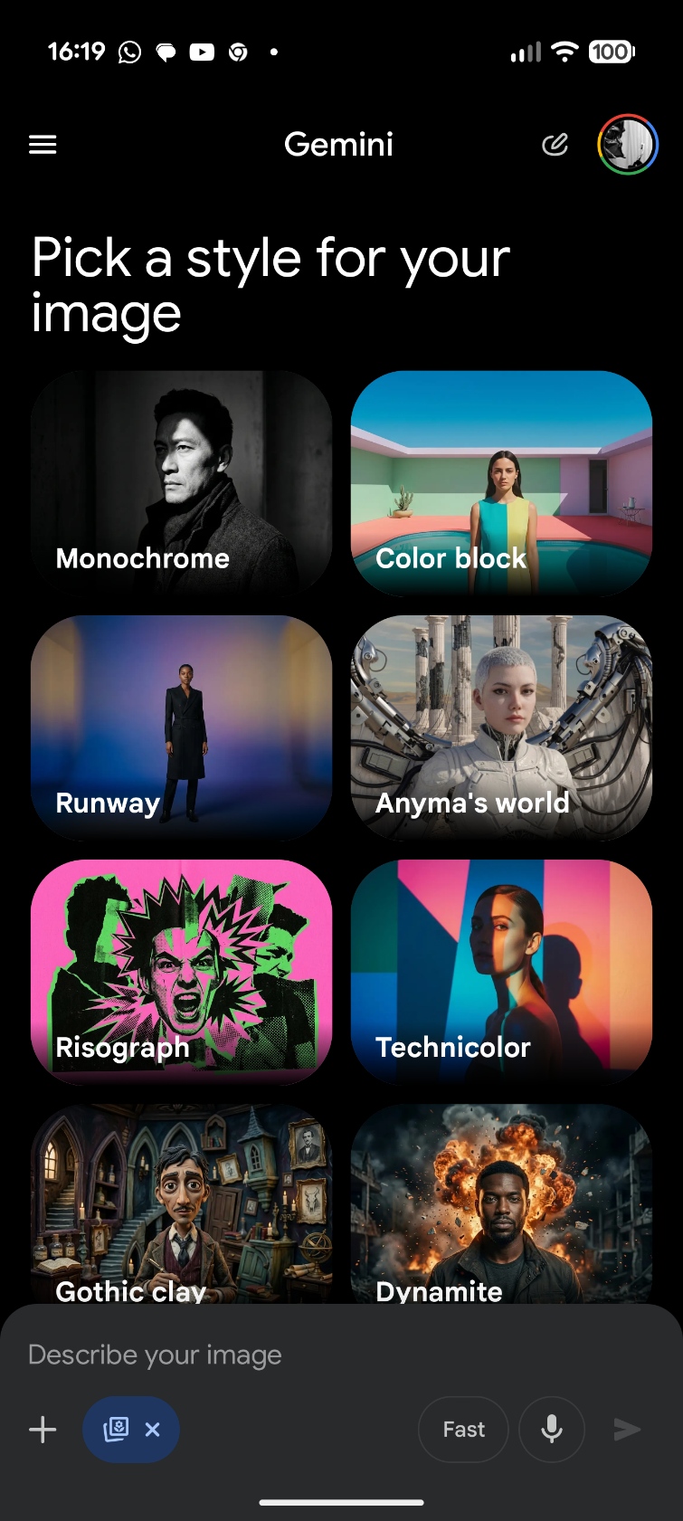 Eight style options grid in the Gemini app: Monochrome, Color block, Runway, Anya’s world, Risograph, Technicolor, Gothic clay, Dynamite.
