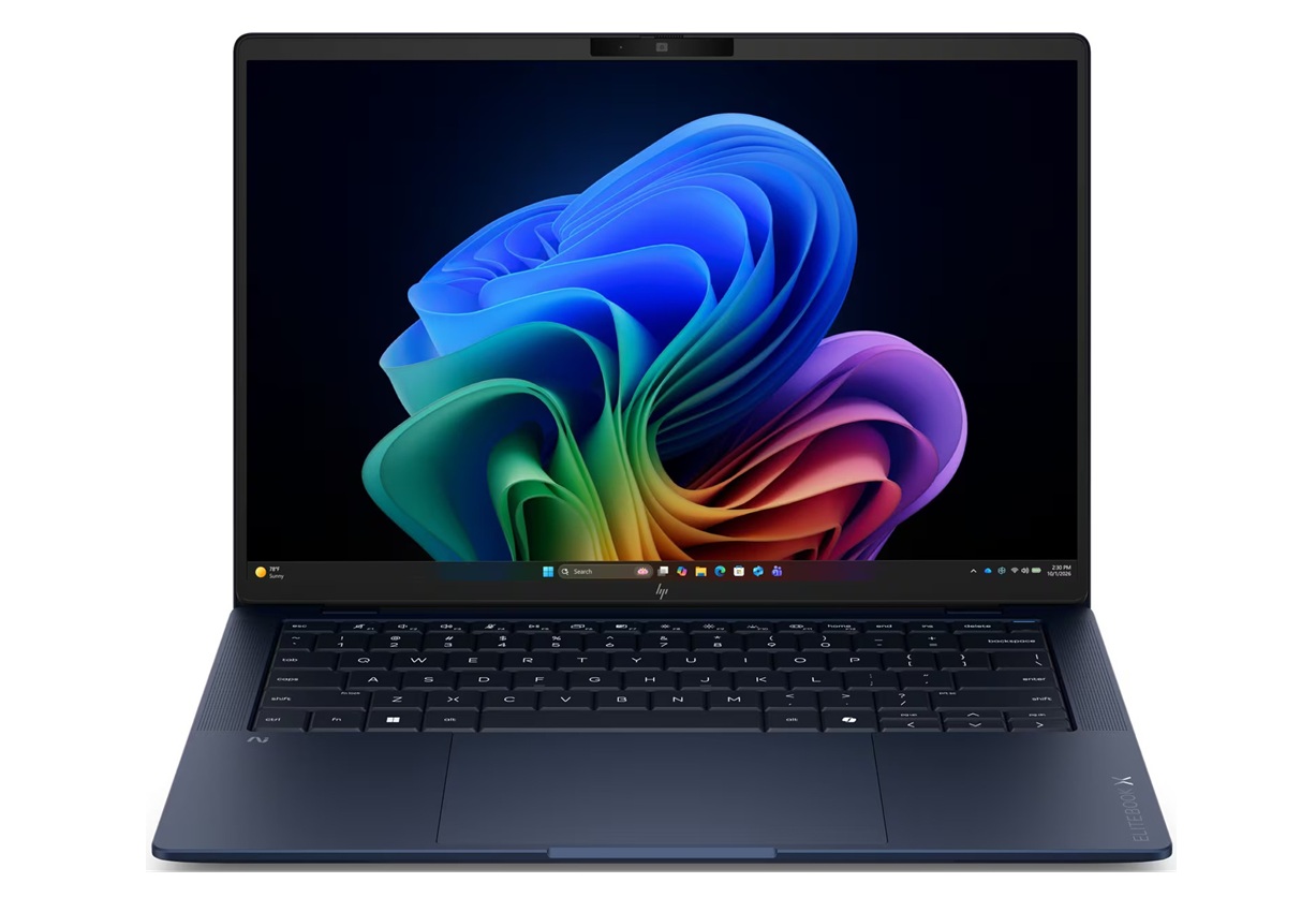 Front view of an open dark blue laptop displaying a colorful abstract wallpaper on the screen, keyboard visible.