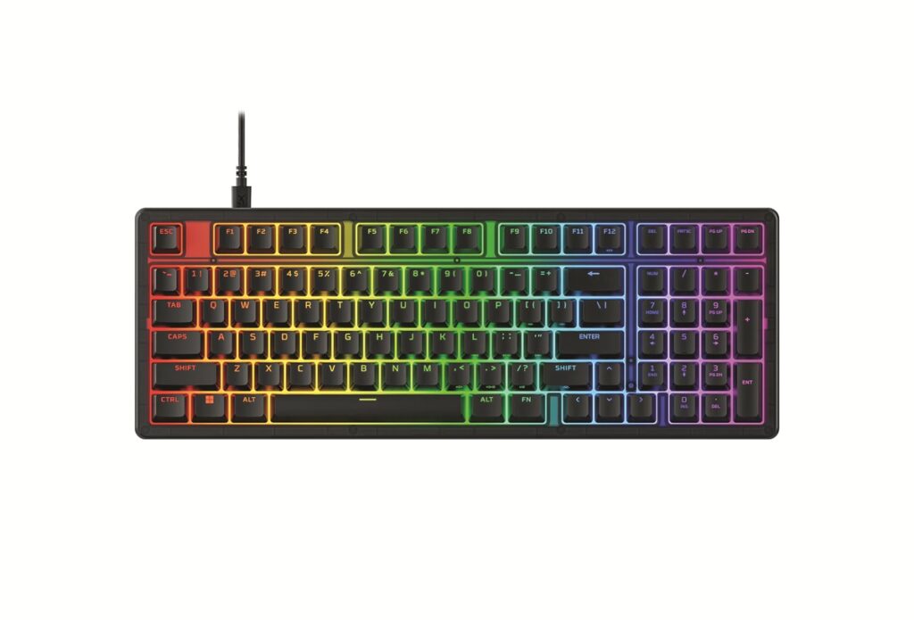 Rainbow-lit wired keyboard with colorful backlighting across the keys, viewed from above.