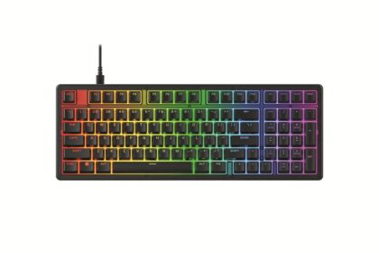 Rainbow-lit wired keyboard with colorful backlighting across the keys, viewed from above.