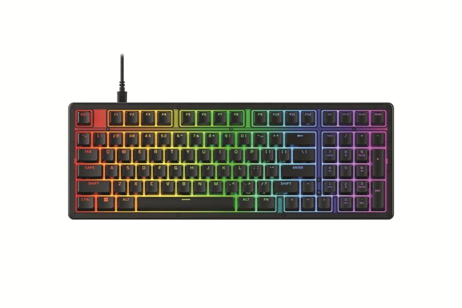 Rainbow-lit wired keyboard with colorful backlighting across the keys, viewed from above.