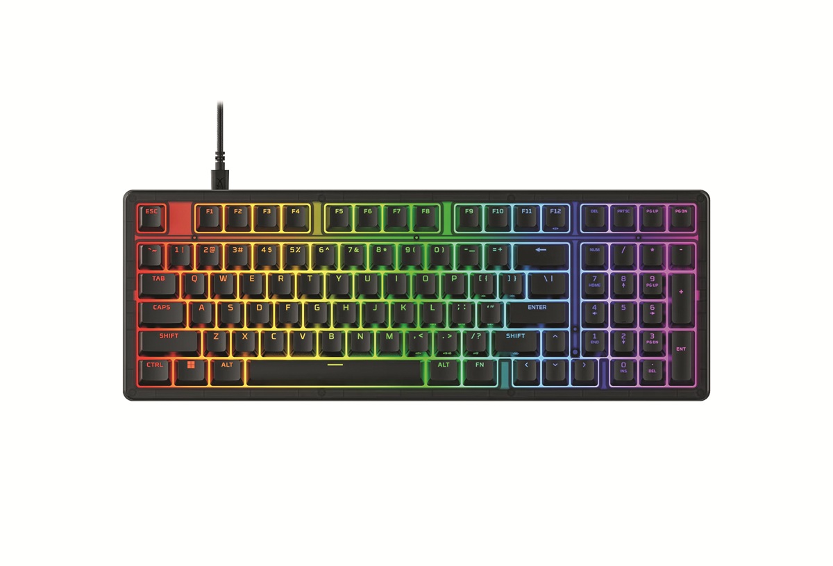 Rainbow-lit wired keyboard with colorful backlighting across the keys, viewed from above.