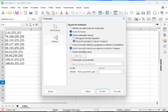 Captura de tela do LibreOffice Calc com a caixa de diálogo Ordenação aberta, exibindo opções como Incluir formatos e Ativar ordenação natural.