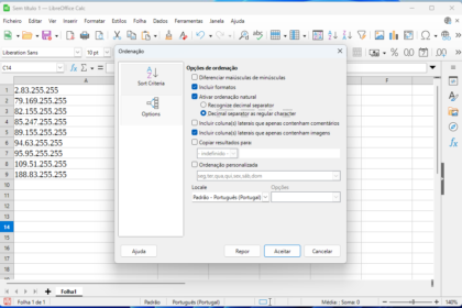 Captura de tela do LibreOffice Calc com a caixa de diálogo Ordenação aberta, exibindo opções como Incluir formatos e Ativar ordenação natural.