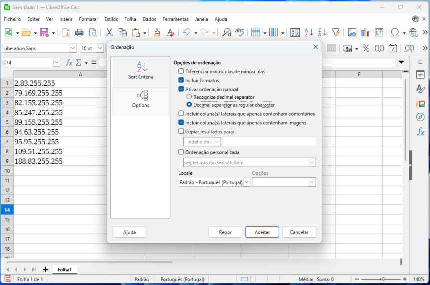 Captura de tela do LibreOffice Calc com a caixa de diálogo Ordenação aberta, exibindo opções como Incluir formatos e Ativar ordenação natural.