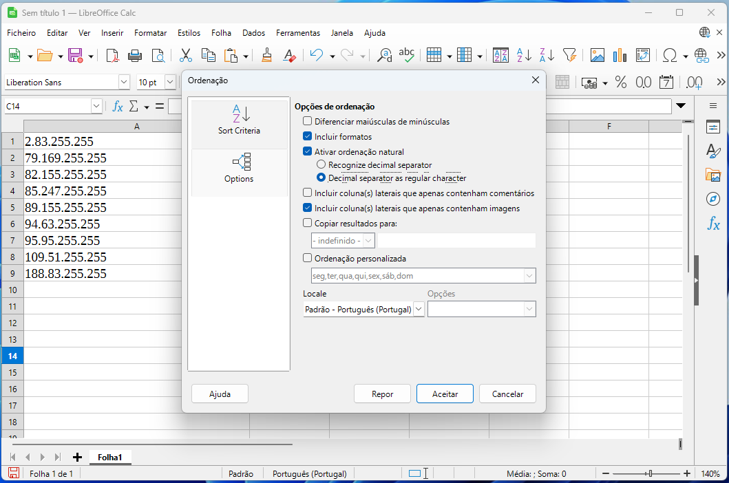 Captura de tela do LibreOffice Calc com a caixa de diálogo Ordenação aberta, exibindo opções como Incluir formatos e Ativar ordenação natural.