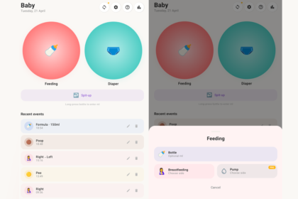 Baby care app home screen with two large colored circles labeled Feeding and Diaper and a Recent events list beneath. Approachable UI with soft pastel colors and icons.