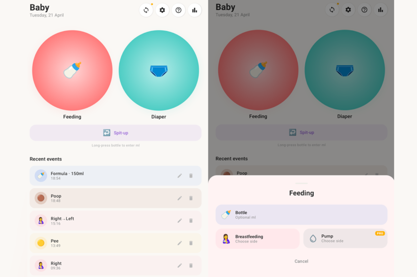 Baby care app home screen with two large colored circles labeled Feeding and Diaper and a Recent events list beneath. Approachable UI with soft pastel colors and icons.