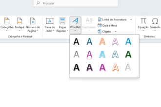 WordArt style color gallery open in Microsoft Word toolbar showing multiple colored A’s