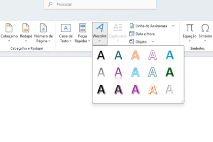 WordArt style color gallery open in Microsoft Word toolbar showing multiple colored A’s