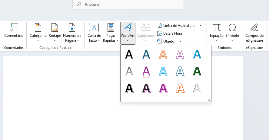 WordArt style color gallery open in Microsoft Word toolbar showing multiple colored A’s