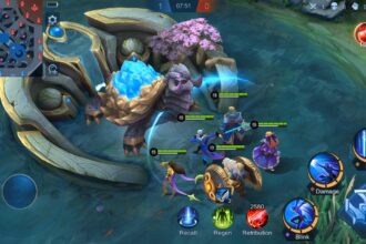 Group of heroes surrounding a crystal-dragon boss in a MOBA, with on-screen abilities, minimap, and health bars visible.