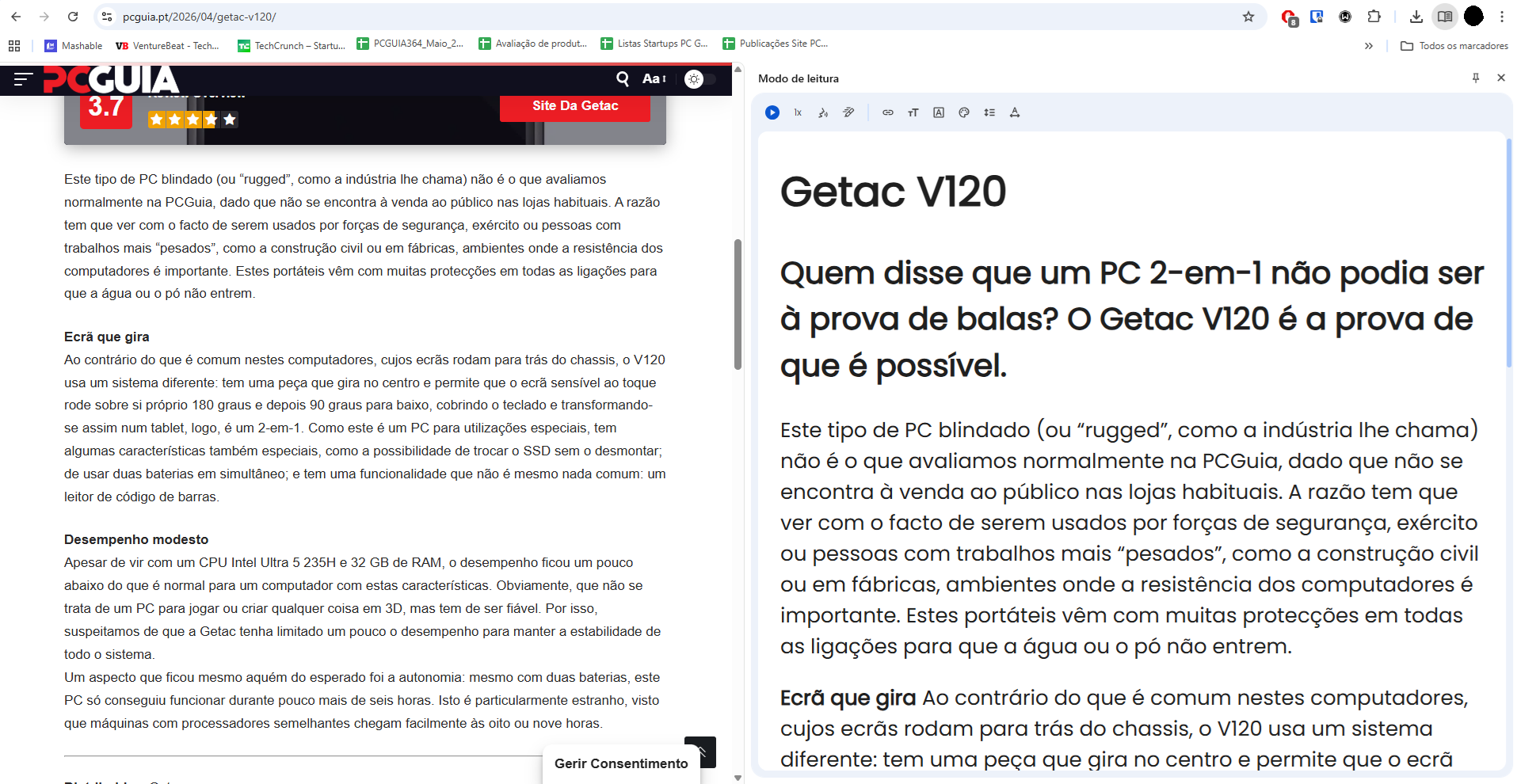 Two-column web article screenshot: left column text, right column the Getac V120 headline.