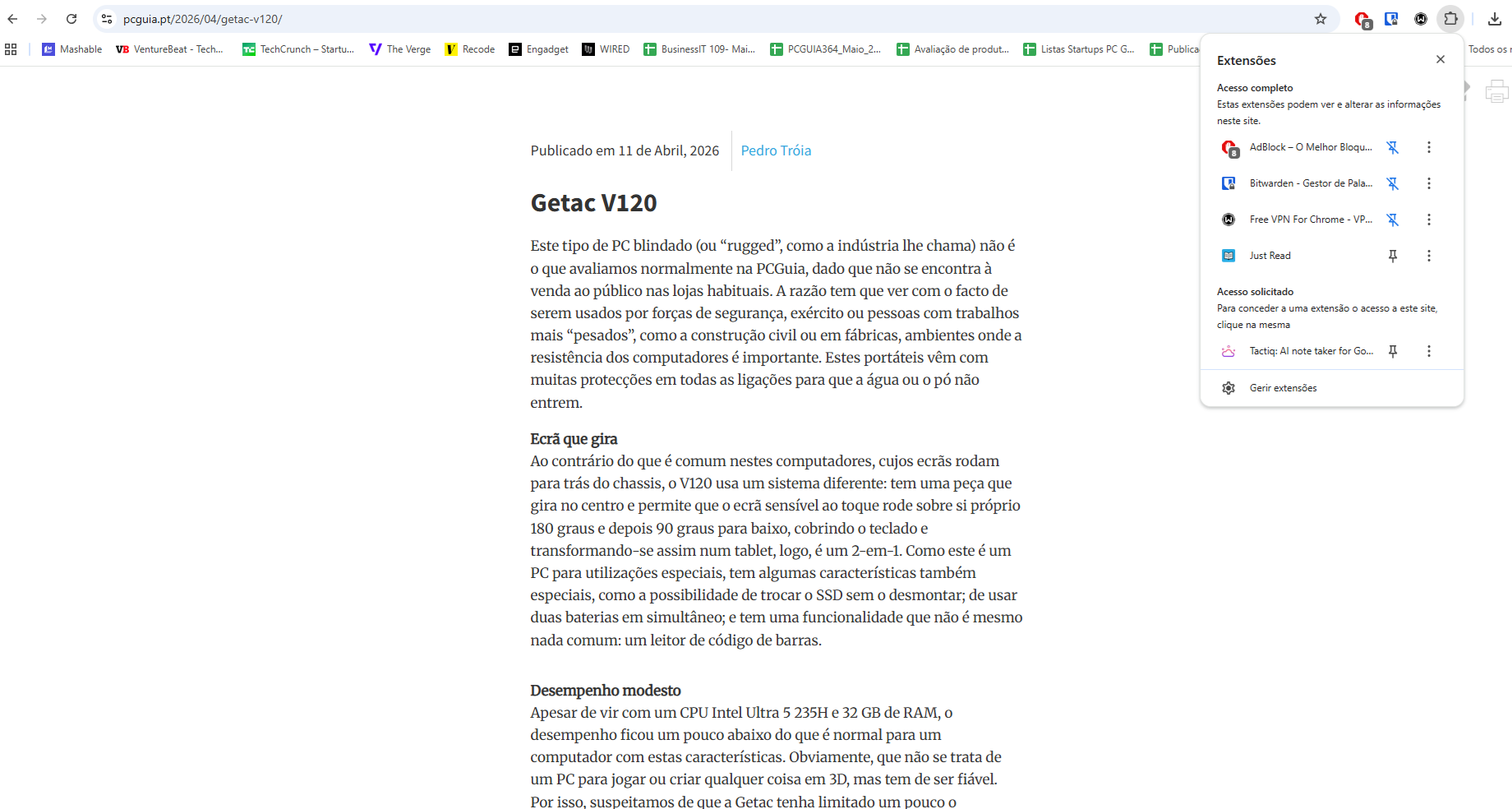 Blog article page titled 'Getac V120' showing publication date (Apr 11, 2026) and author Pedro Tróia, with Portuguese text about rugged PCs.