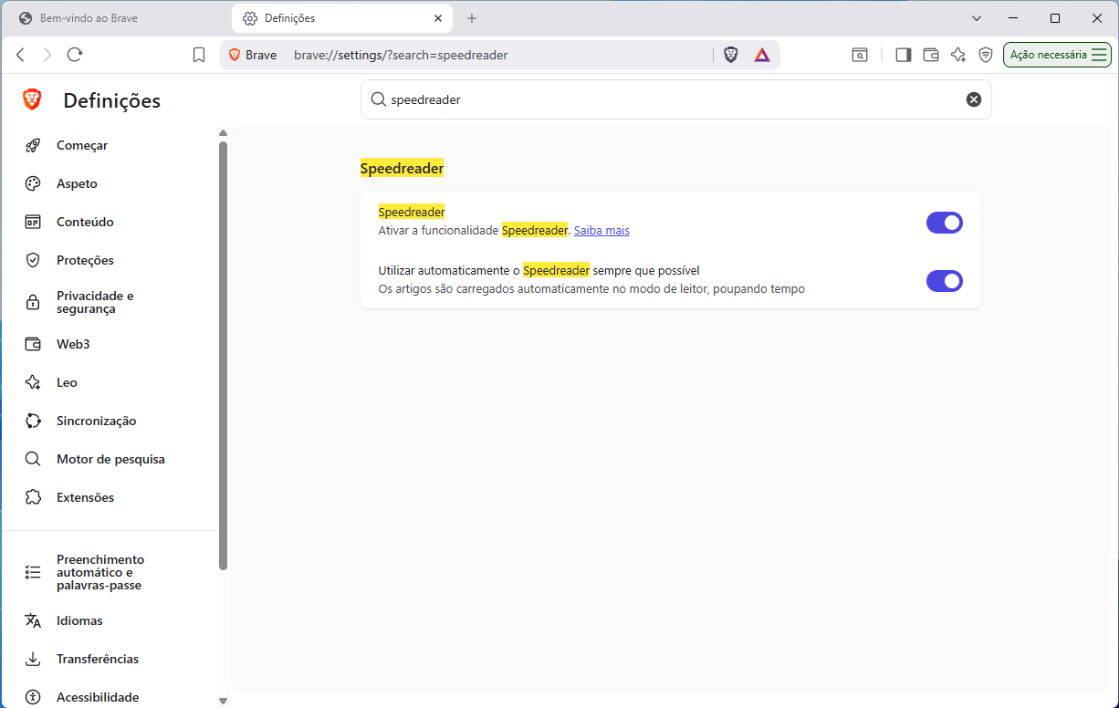 Brave definições: menu lateral com categorias e painel central sobre Speedreader com dois toggles ativados