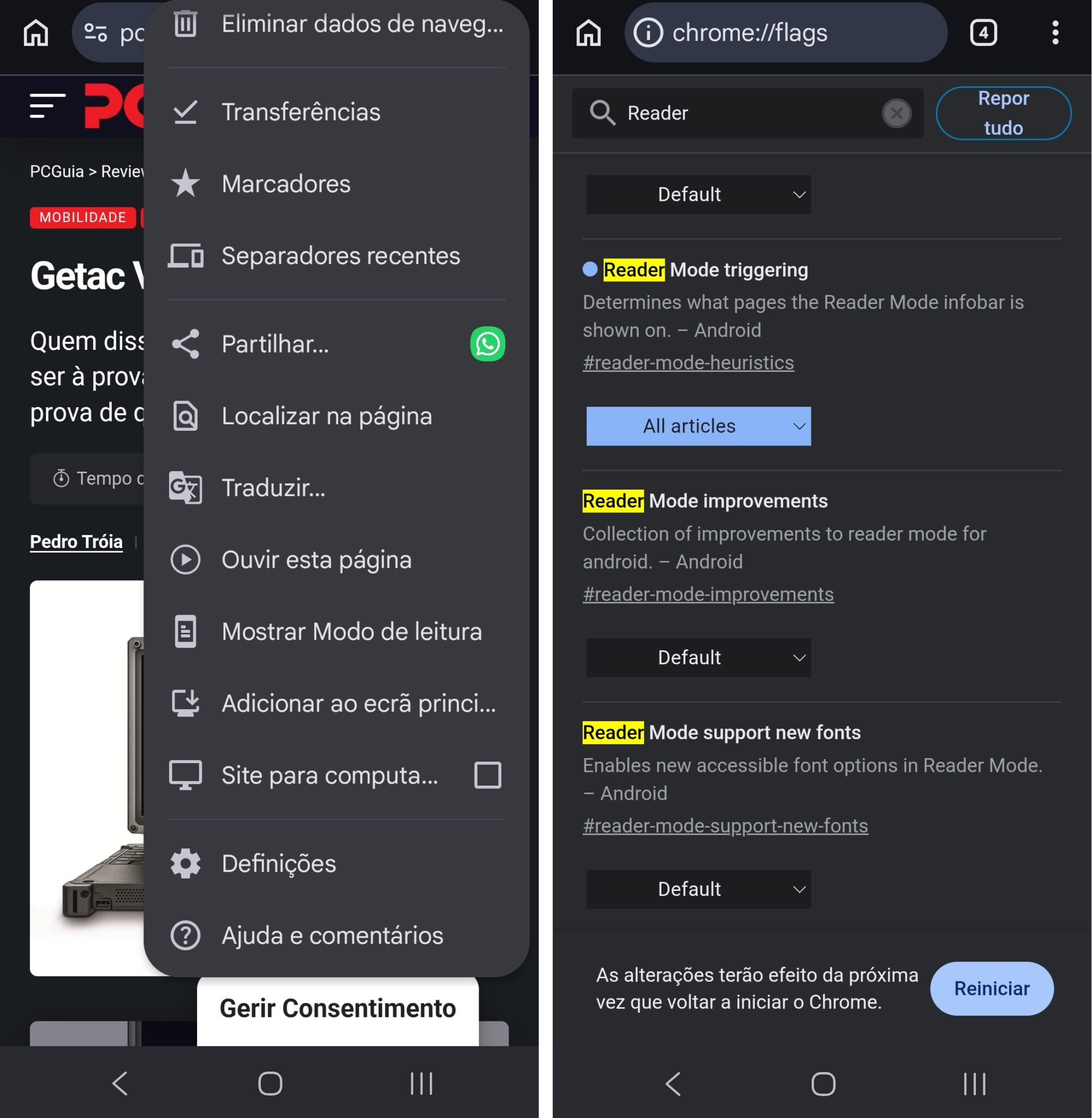 Left: navigation drawer with Portuguese menu items like Transferências and Marcadores; Right: Chrome flags page with Reader Mode options and the Reiniciar button.