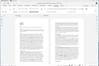 Screenshot of Word with a two-page Portuguese document titled 'businessIT110', showing dense text blocks on both pages.