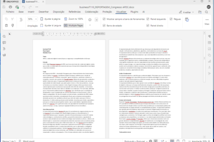 Screenshot of Word with a two-page Portuguese document titled 'businessIT110', showing dense text blocks on both pages.