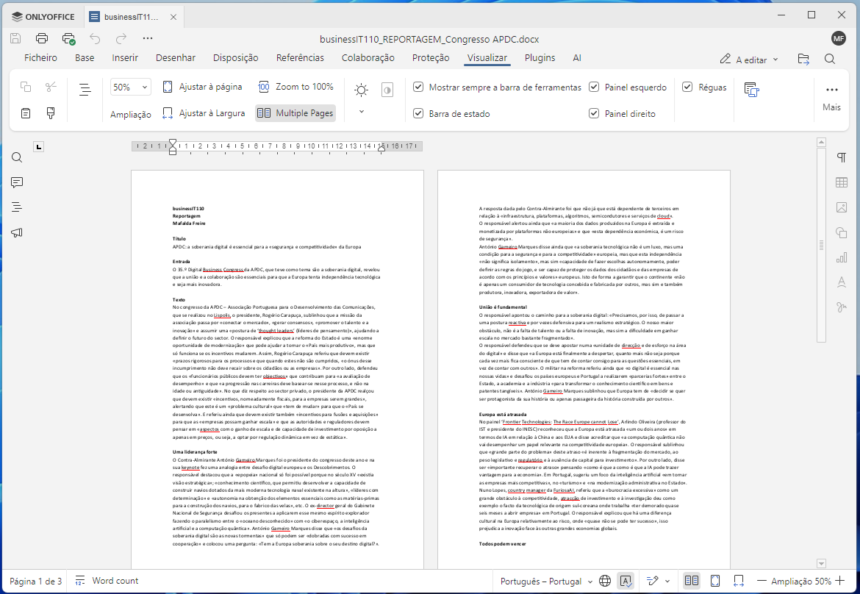 Screenshot of Word with a two-page Portuguese document titled 'businessIT110', showing dense text blocks on both pages.