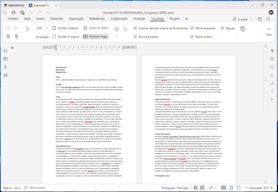 Screenshot of Word with a two-page Portuguese document titled 'businessIT110', showing dense text blocks on both pages.