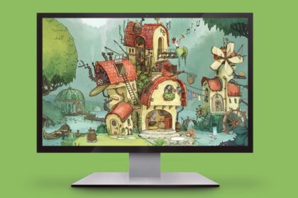Whimsical hillside village with red-roof cottages, a windmill, and lush greenery around a small river, in a watercolor style